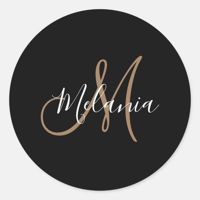 Black Gold Monogram Elegant Stilvoller Name des Sk Runder Aufkleber (Vorderseite)