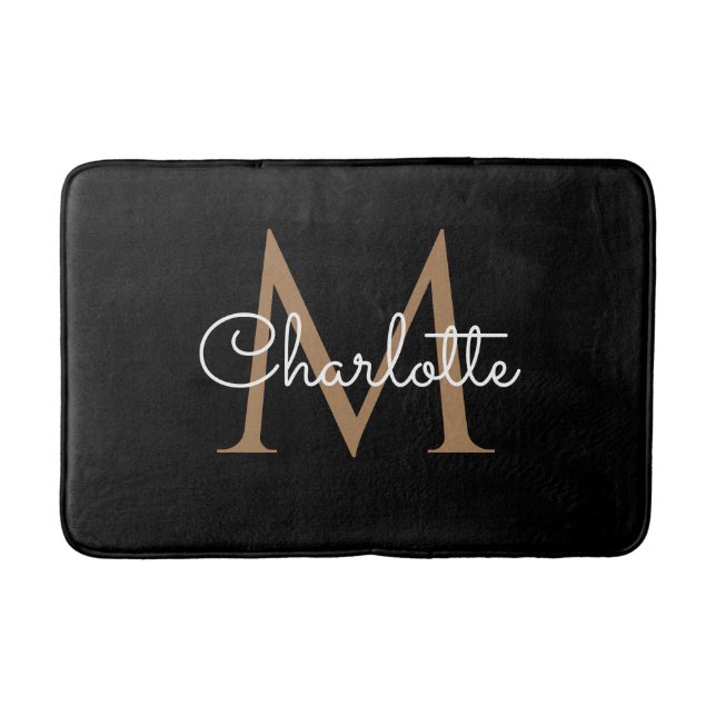 Black Gold Monogram Elegante Girly Script Bath Mat Badematte (Vorderseite)