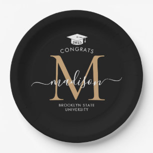 Black Gold Monogram Graduate Cap Party Abschluss Pappteller