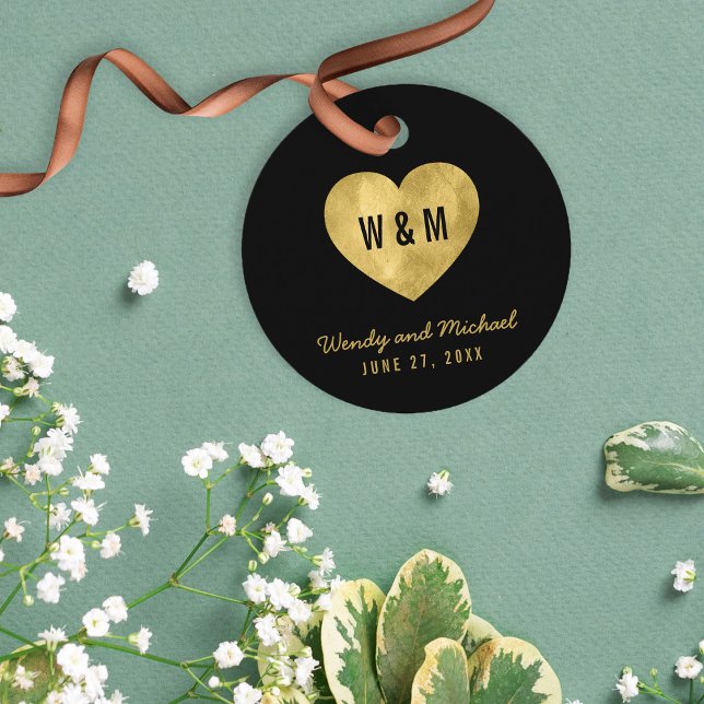 Black & Gold Monogram Heart Wedding Geschenkanhänger (Von Creator hochgeladen)