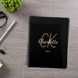 Black gold monogram initials name minimalist 2023 planer<br><div class="desc">Black background,  golden and white text. Personalize and add your name,  monogram initials,  and year. (any year) golden and white letters.  The name is written with a hand lettered style script.</div>