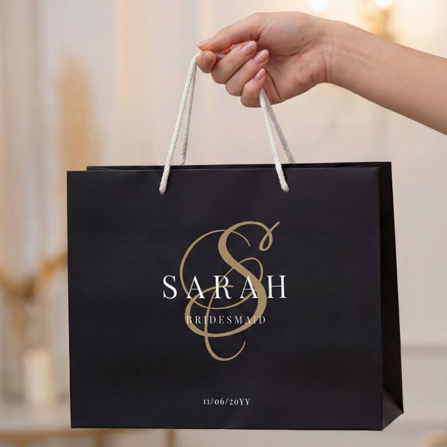 Black Gold Monogram Personalisiert Bridesmaid Große Geschenktüte (Von Creator hochgeladen)