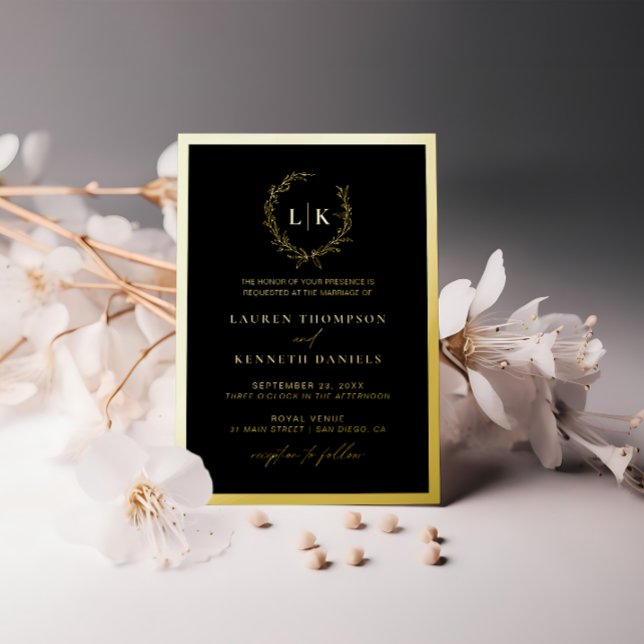 Black Gold Monogram Wreath Wedding Folieneinladung (Von Creator hochgeladen)