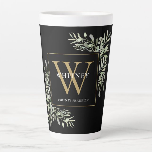 Black Gold Monogramm Elegante Moderne Grüne  Milchtasse (Vorderseite)