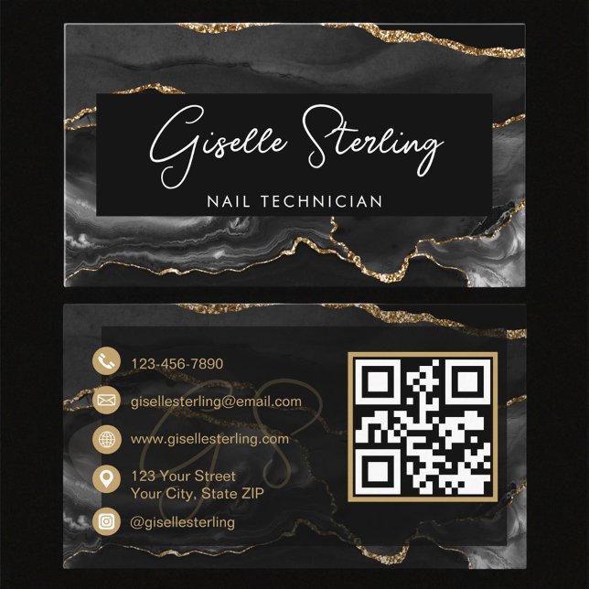 Black Gold Nageltechniker-QR-Code   Visitenkarte (Von Creator hochgeladen)