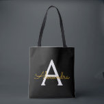 Black Gold Name White Girly Script Monogram Modern Tasche<br><div class="desc">Schwarz und Gold Elegant Fügen Sie Ihren eigenen Namen Monogram Book Bag. Diese Büchertasche kann auf Ihren Vor- und Vornamen angepasst werden und als Geschenk für Weihnachten,  Geburtstag,  Brautparty oder Hochzeit.</div>