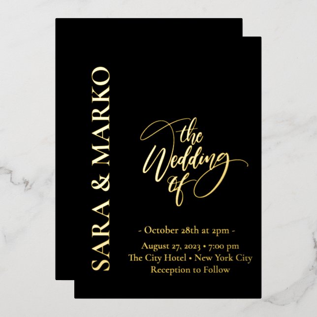 Black-gold NAMES Simple Wedding Folieneinladung (Vorderseite/Rückseite)