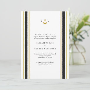Black Gold Nautical Stripes Coastal Hochzeit Einladung