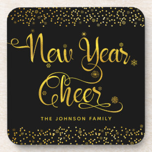 Black Gold New Year Chef Snowflakes Confetti Name Getränkeuntersetzer