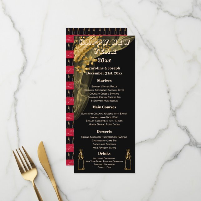 Black & Gold New Year Menu & Bubbly Champagner Menükarte (Vorderseite/Rückseite Beispiel)