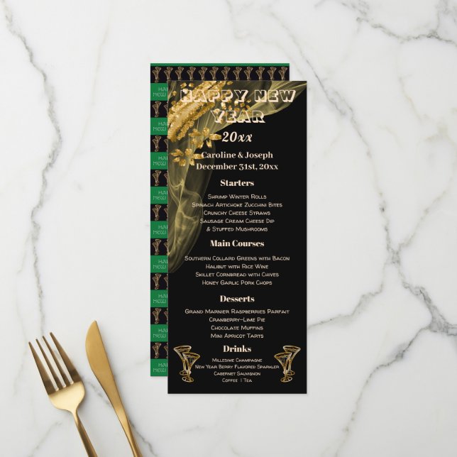 Black & Gold New Year Menu & Champagne Brillen Menükarte (Vorderseite/Rückseite Beispiel)