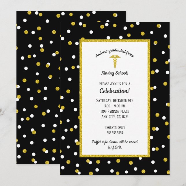 Black Gold Nurse Graduierungsparty, neutrales Gesc Einladung (Vorne/Hinten)
