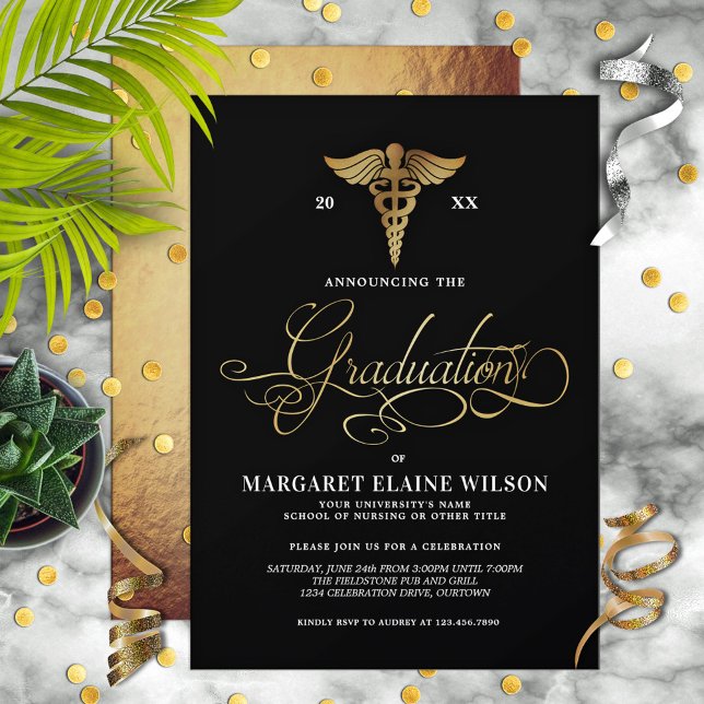 Black & Gold Nursing School Graduation Party Einladung (Von Creator hochgeladen)