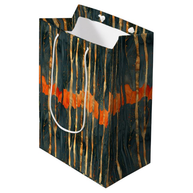 Black gold orange Art Nouveau stripes Mittlere Geschenktüte (Vorderseite Schrägansicht)