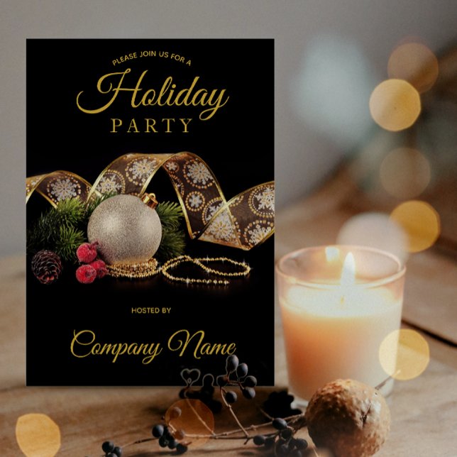 Black Gold Ornament Ribbon Corporate Holiday Party Einladung (Von Creator hochgeladen)