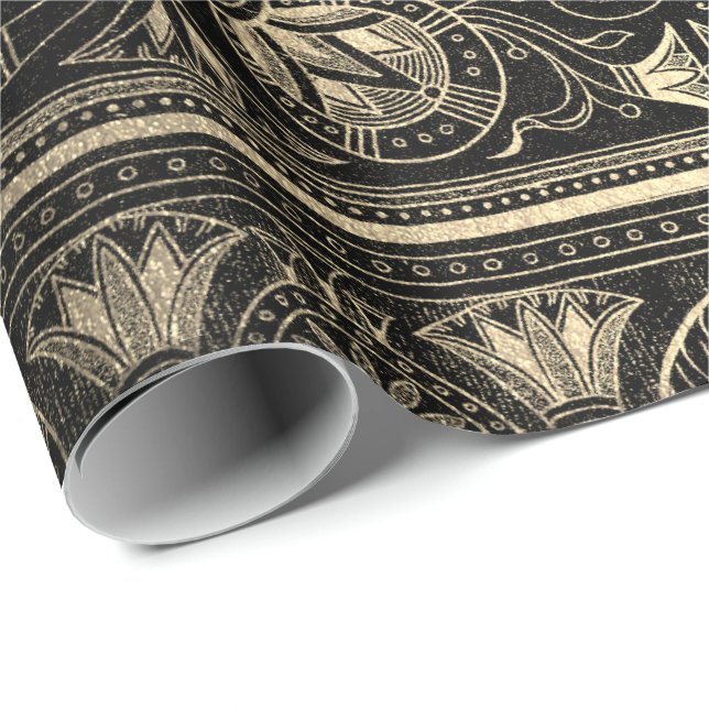 Black Gold Papyrus Antique Ägyptischer Floral Lotu Geschenkpapier (Rolleneckpunkt)