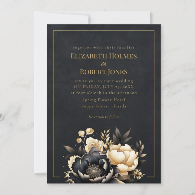 Black & Gold Peony Gothic Wedding Invitation (Devant)