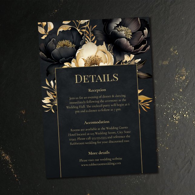 Black & Gold Peony Wedding Details Card Einladung (Black & Gold Peony Wedding Details Card on a dark vintage wedding table)
