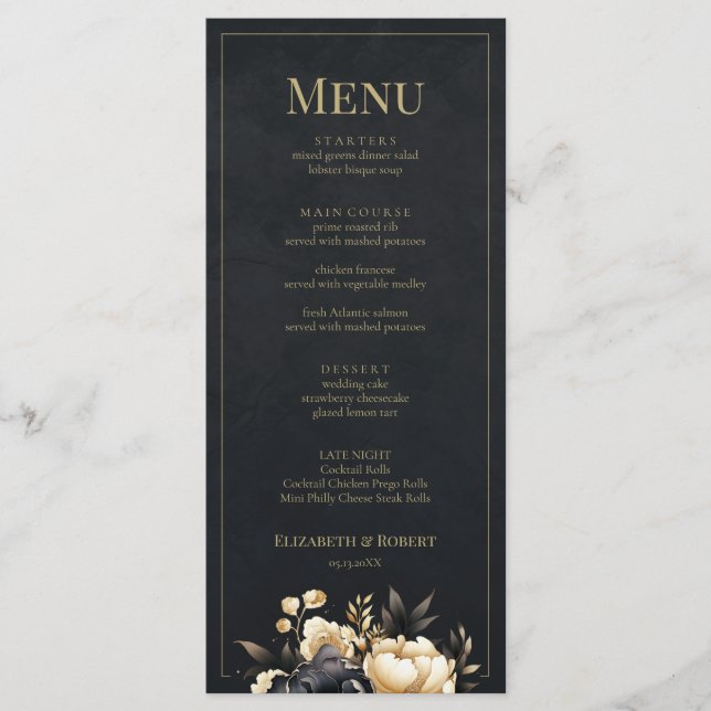 Black & Gold Peony Wedding Menu Card (Devant)
