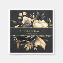 Black & Gold Peony Wedding Napkins Serviette