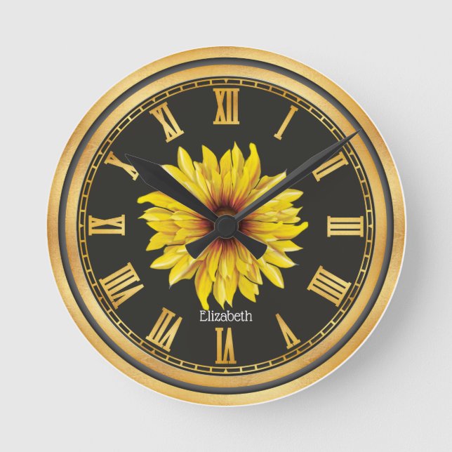 Black Gold Personalisiert Schöne Sonnenblume Runde Wanduhr (Vorderseite)