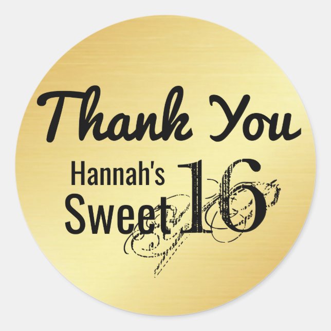 Black & Gold Personalisiert Sweet 16 Danke Runder Aufkleber (Vorderseite)