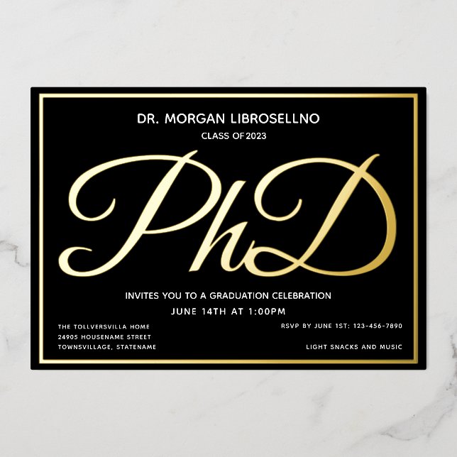 Black Gold PhD-Abschluss Folieneinladung (Vorderseite)