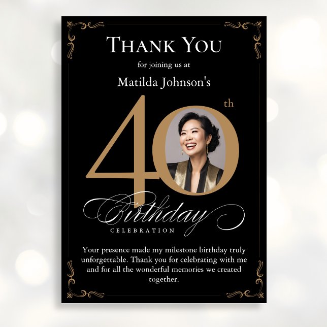 Black Gold Photo 40th Birthday Carte de remercieme (Mockup View)