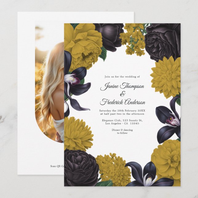 Black & Gold Photo/QR Code Floral Wedding Einladung (Vorne/Hinten)