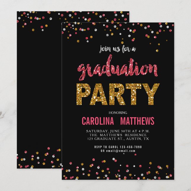 Black Gold Pink Confetti Graduiertenparty laden ei Einladung (Vorne/Hinten)