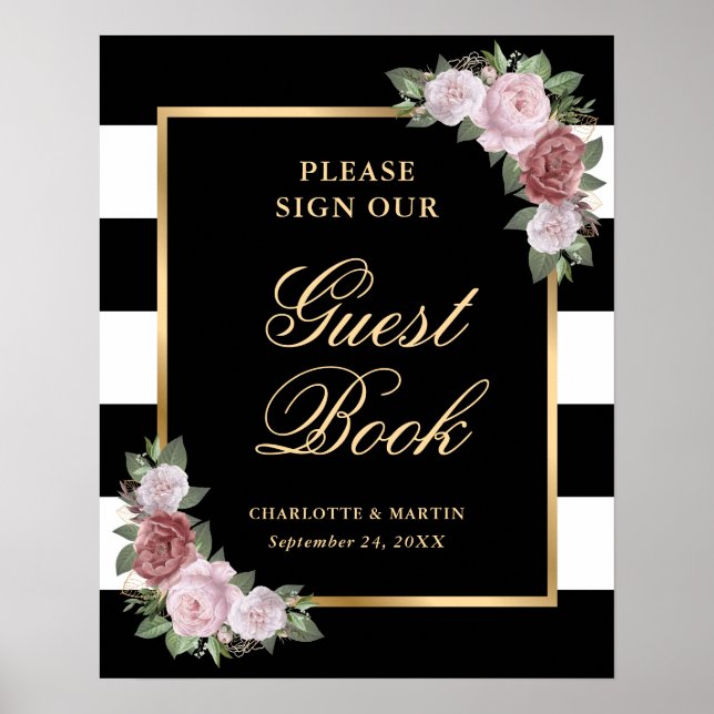 Black Gold Pink Floral Wedding Guest Book Sign Poster (Vorne)