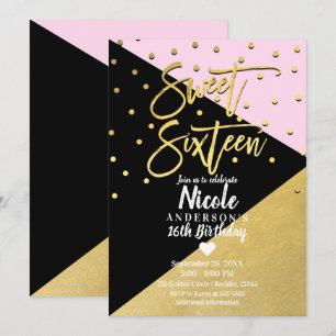 Black Gold & Pink Modern Script Sweet 16 Sechzehn Einladung