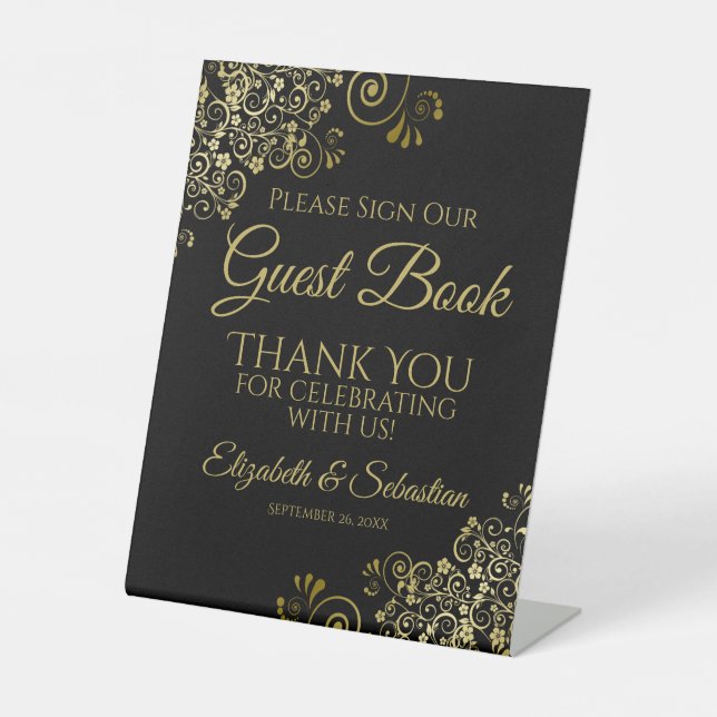 Black & Gold Please Sign our Guest Book Sign Sockelschild (Vorderseite)