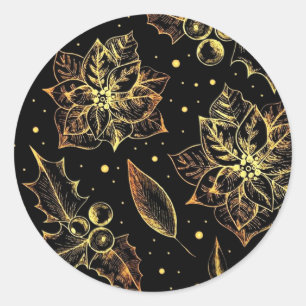 Black & Gold Poinsettias & Holly Runder Aufkleber