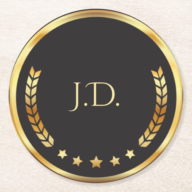 Black & Gold Poker Night | Personalized Monogram Runder Pappuntersetzer (Vorderseite)