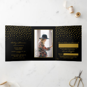 Black & Gold Polka Dot, Baby Showsuite Dreifach Gefaltete Einladung