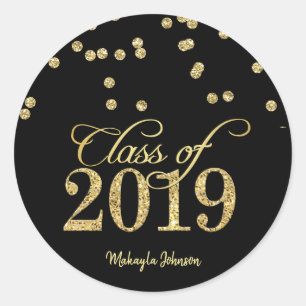 Black & Gold Polka-dots Glitzer Class 2019 Runder Aufkleber