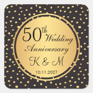 Black & Gold Polka spielt 50. Hochzeitstag Quadratischer Aufkleber