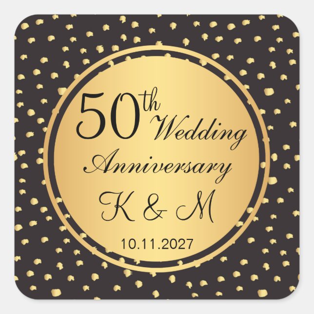 Black & Gold Polka spielt 50. Hochzeitstag Quadratischer Aufkleber (Vorderseite)
