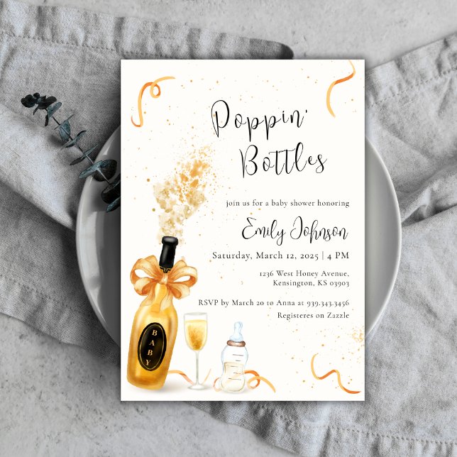 Black Gold Poppin Flaschen Champagne Baby Dusche Einladung (Black Gold Poppin Bottles Champagne Baby Shower Invitation)