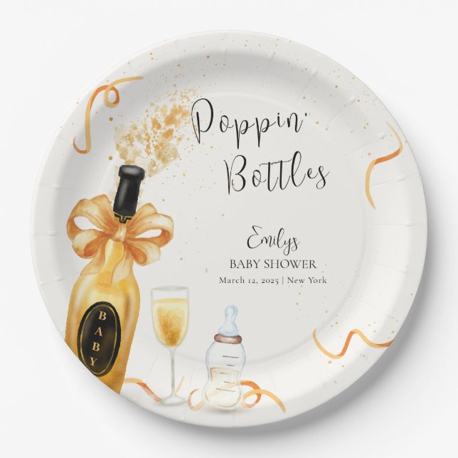 Black Gold Poppin Flaschen Champagne Baby Dusche Pappteller (Vorderseite)