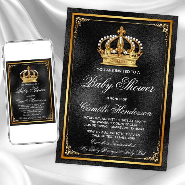 Black Gold Prince Baby Dusche Einladung (Black gold prince baby shower invitation. Instant download and printed invitations available.)