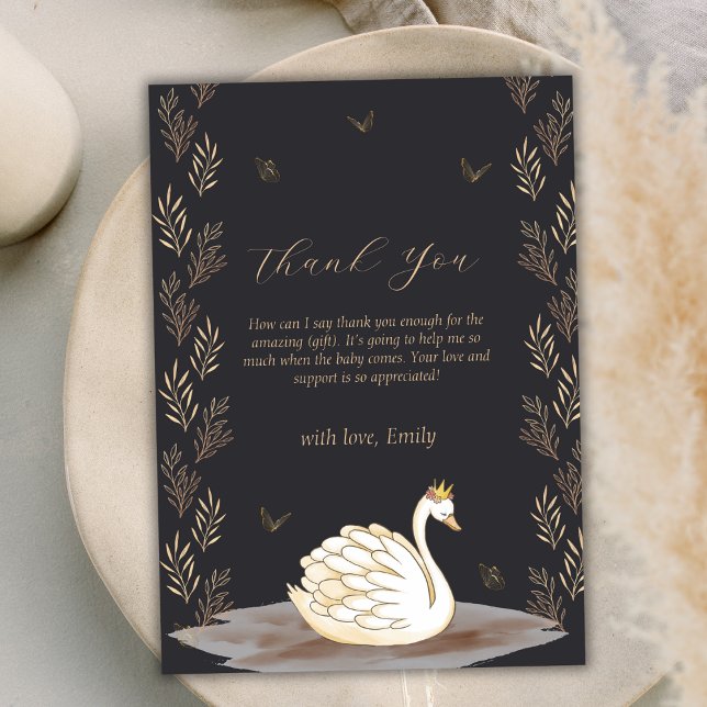 Black Gold Princess Swan Butterfly Baby Dusche Dankeskarte (Black Gold Princess Swan Butterfly Baby Shower Thank You Card)