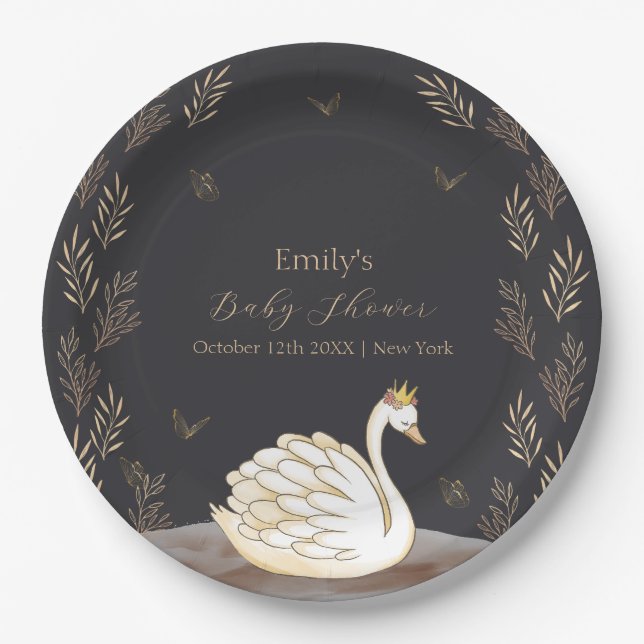 Black Gold Princess Swan Butterfly Baby Dusche Pappteller (Vorderseite)