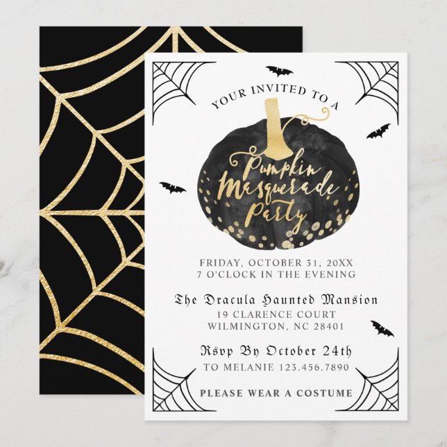 Black & Gold Pumpkin Masquarade Halloween-Party Einladung (Vorne/Hinten)