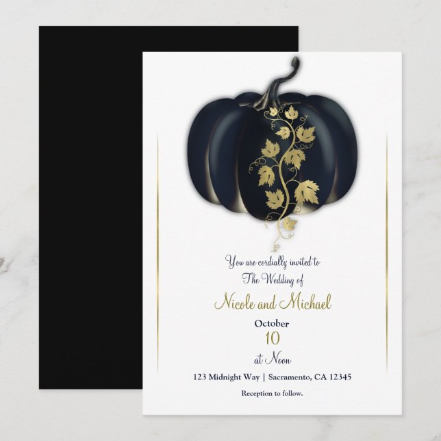 Black & Gold Pumpkin Storybook Hochzeit im Herbst Einladung (Vorne/Hinten)