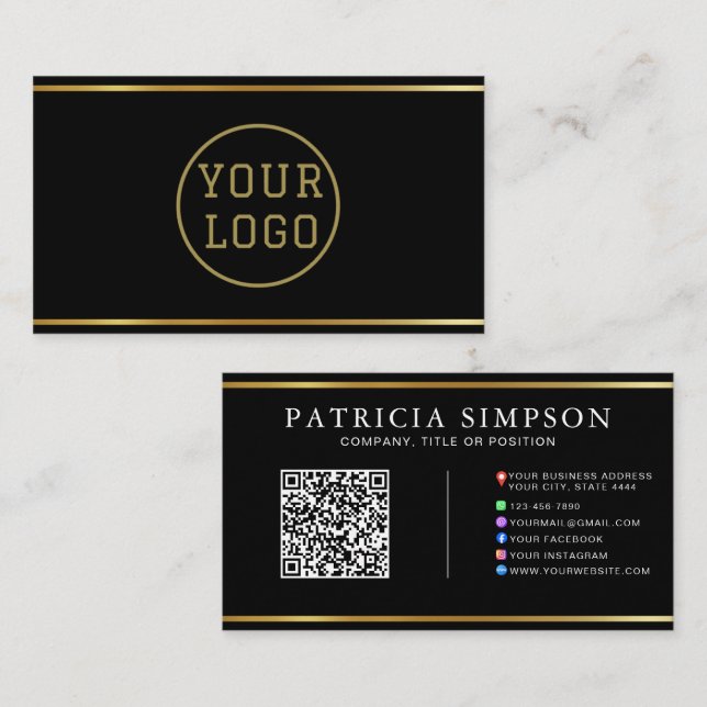 Black Gold QR Code | Logo and Social Media Icons Visitenkarte (Vorne/Hinten)