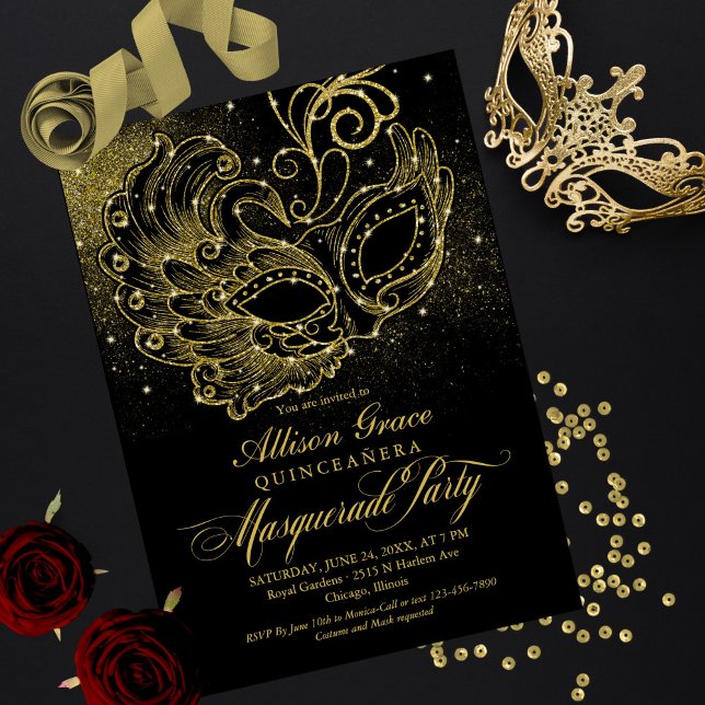 Black Gold Quinceanera Masquerade Einladung (Von Creator hochgeladen)