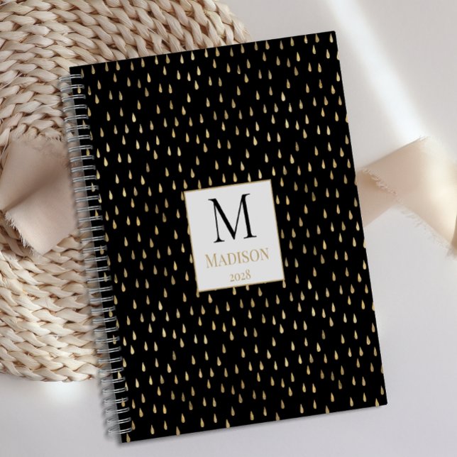 Black Gold Raindrop Modernes Trendy Monogram Planer (Von Creator hochgeladen)