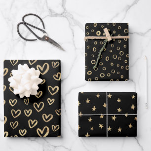 Black Gold Random Muster Herzstars Circles Geschenkpapier Set